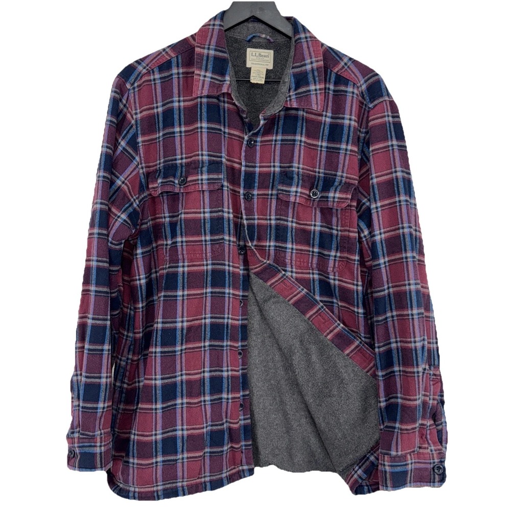 LL Bean Men Fleece-Lined Flannel Shirt Traditional Fit Plaid Shacket Outdoor
